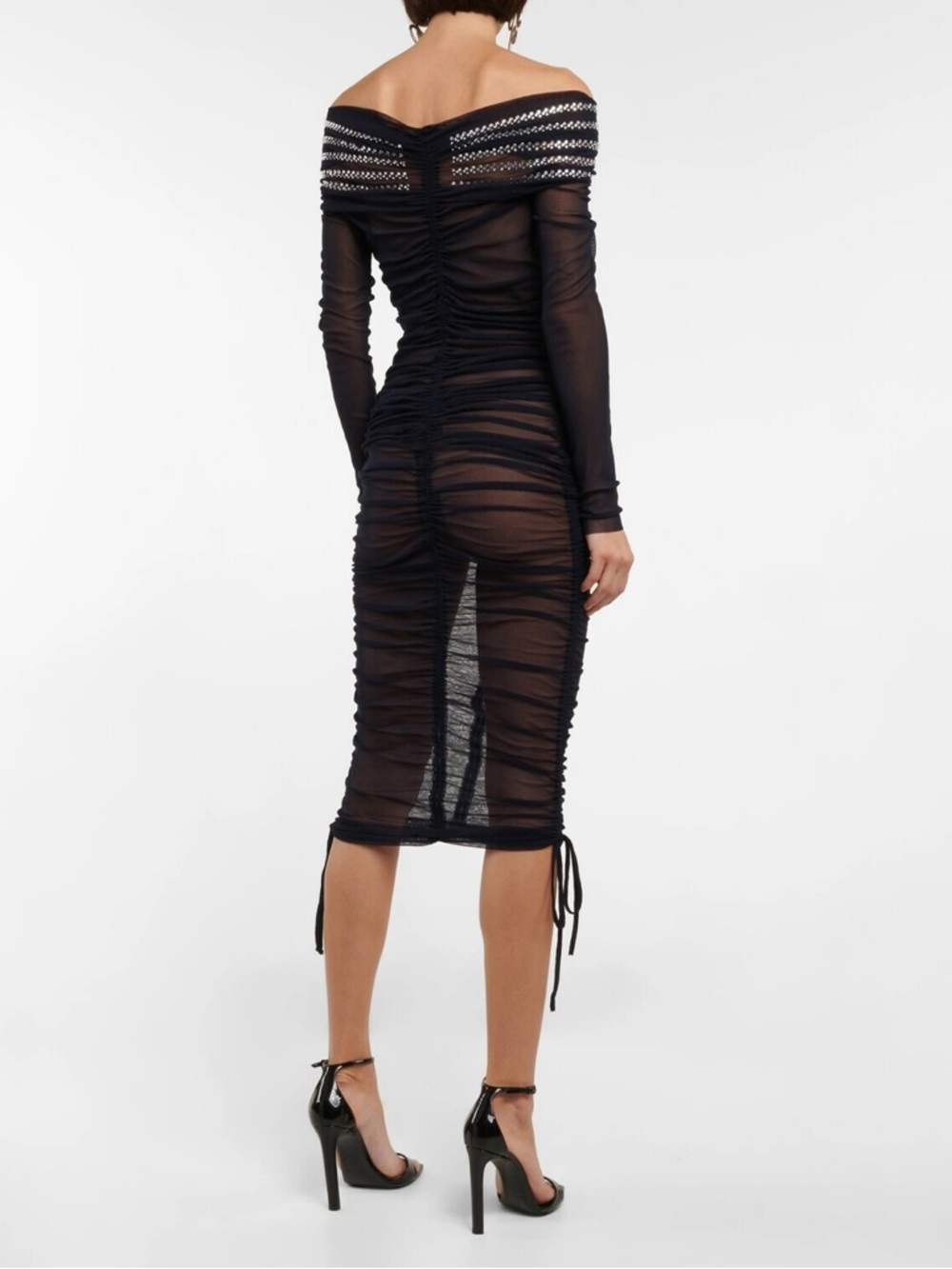 JEAN PAUL GAULTIER Crystal Embellished Mesh Off Shoulder Ruched Dress in Navy - Picture 5 of 13